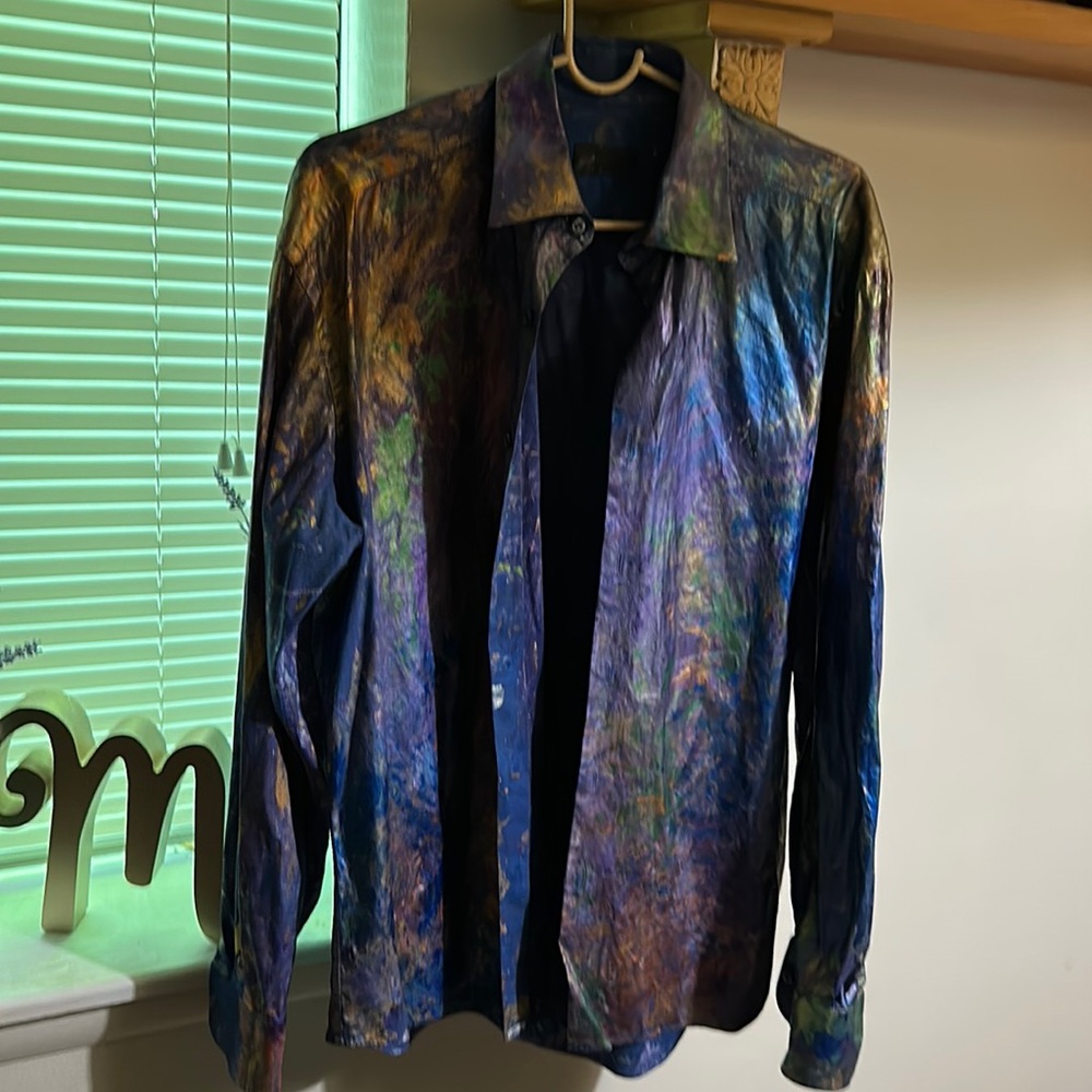 I HAVE A PRADA, MEN’S BUTTON DOWN, DRESS SHIRT, ITS A WAXY FEEL, MULTI COLORS.